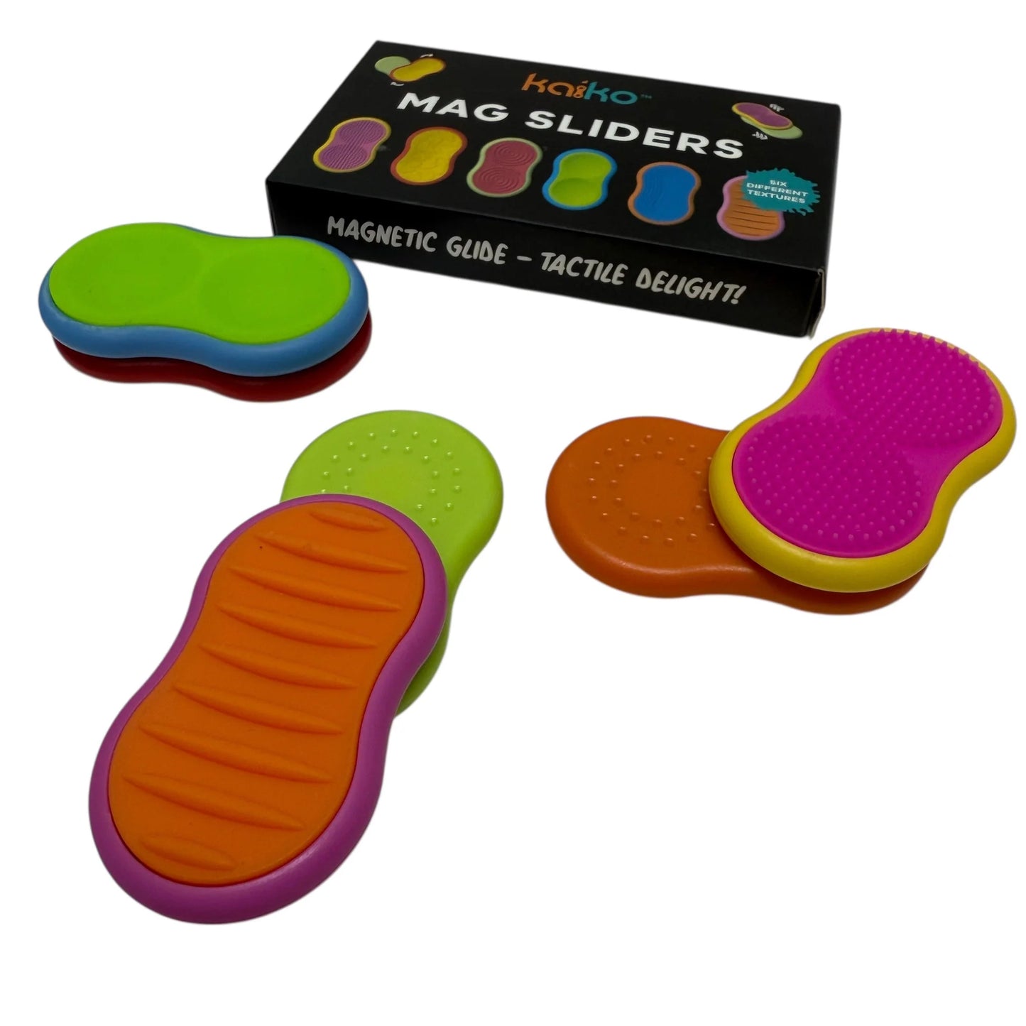 Colourful Kaiko magnetic fidget sliders with packaging on a white background