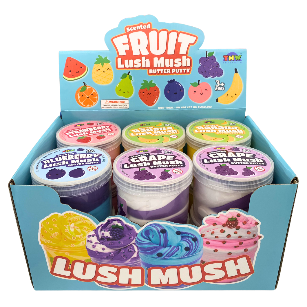 Display box of Lush Mush scented fruit butter putty with colorful packaging.