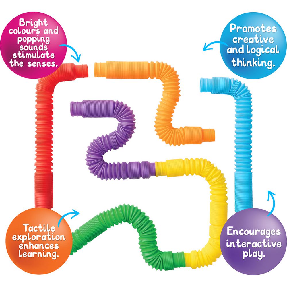 Colorful pop tubes with text highlighting their benefits