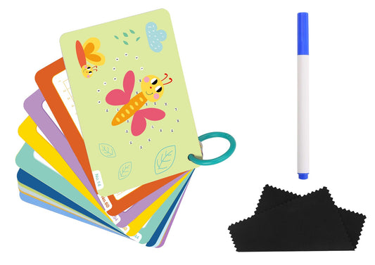 Set of colourful children's lets trace- tracing flash cards with a dry erase marker and cleaning cloth