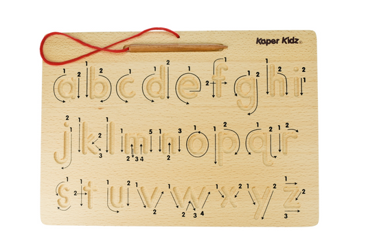 Wooden alphabet learning board with lowercase letters a, brand 'Kaper Kidz'