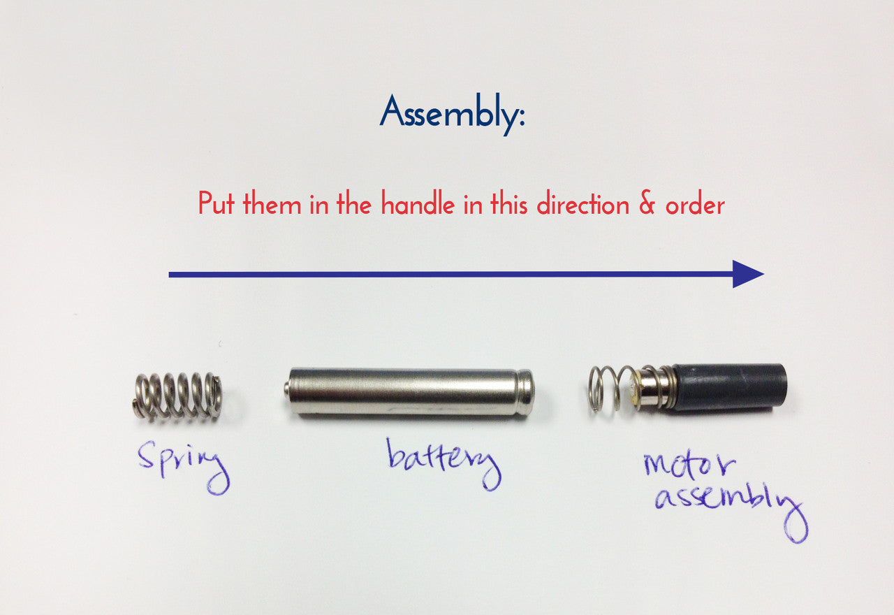 Diagram showing assembly steps with motor assembly going into handle first followed by battery and spring.