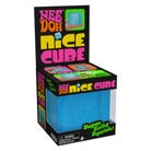 Blue nice cube packaging with colorful text on a black background