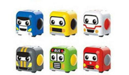 6 assorted colorful toy Movin cube cars with cartoon faces and vehicle designs.