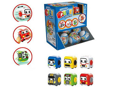 Retail display set of colorful toy 3 in 1 movin cube cars with character faces 