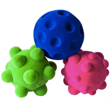 3 natural rubber mini stress balls in green, blue and pink