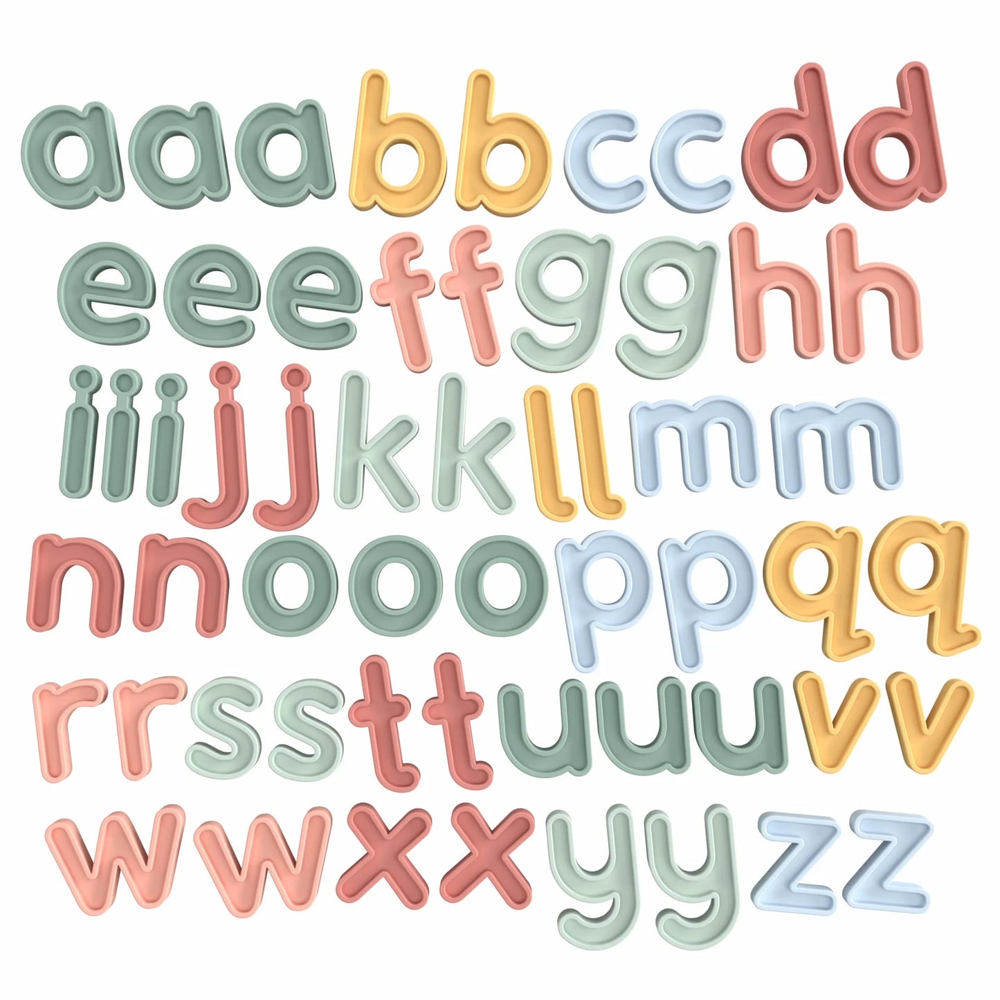 Colourful silicone alphabet letters for spelling set on a white background