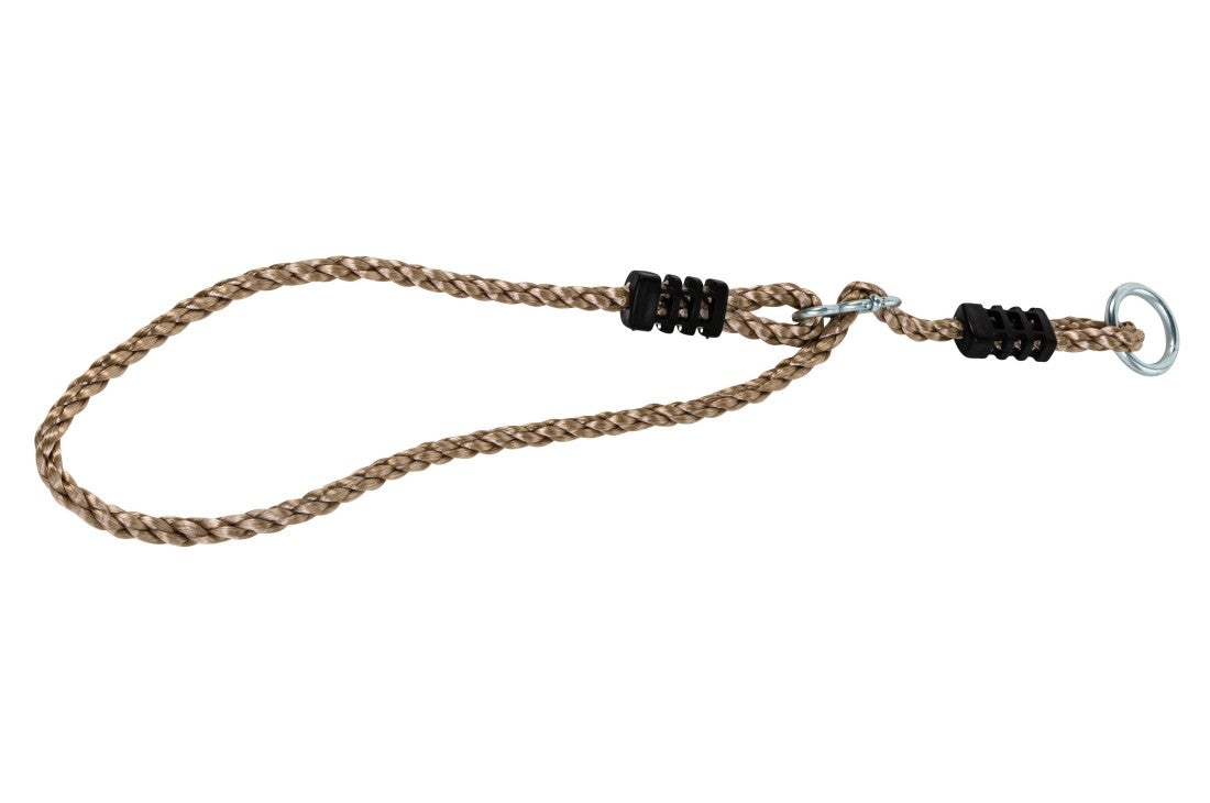 Brown braided rope with black adjusters and a metal ring on a white background
