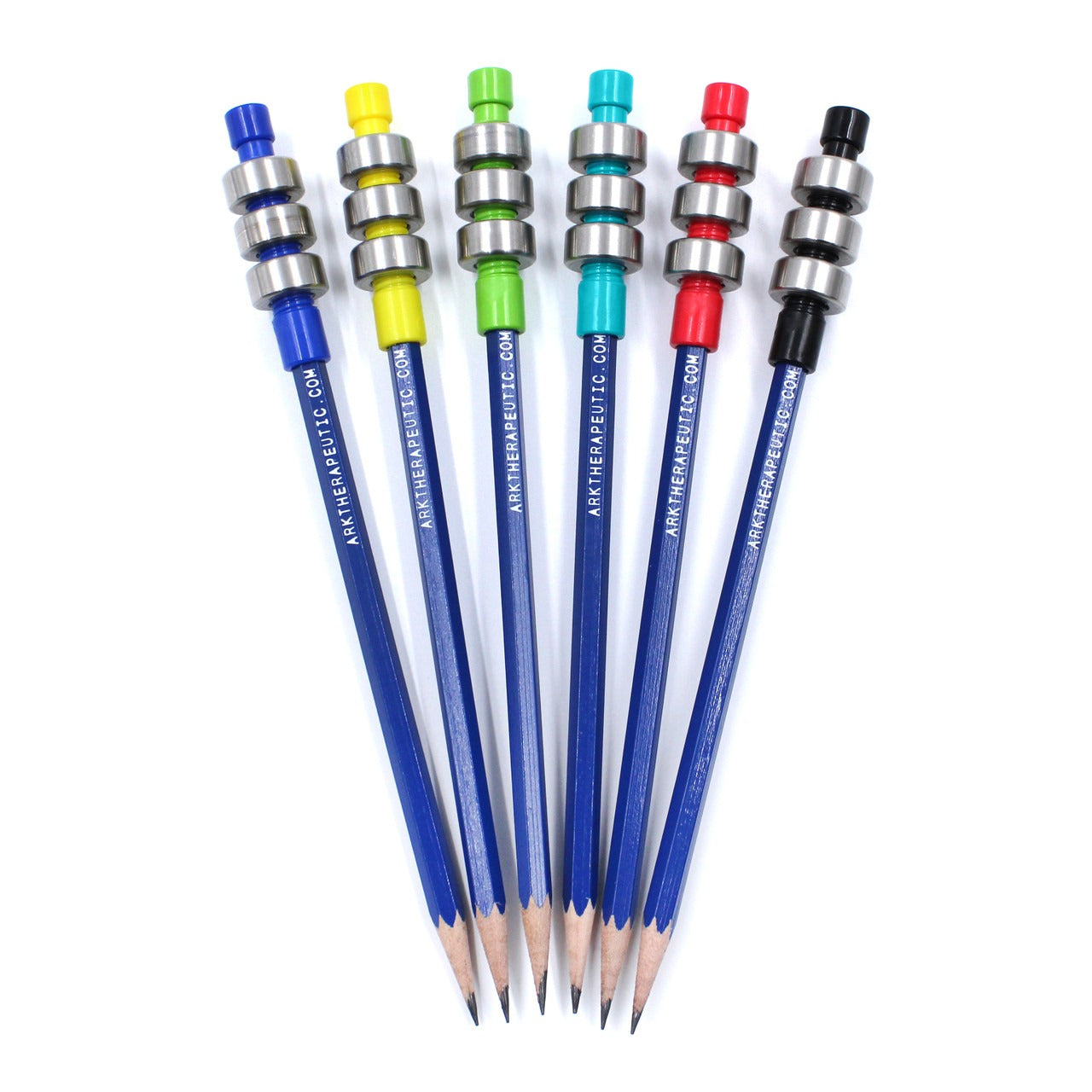 six eraer-less pencils with coloured Ark weighted adjustable pencil tips on a white background