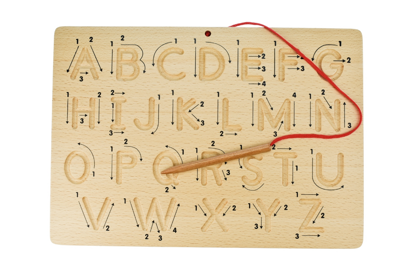 Wooden alphabet tracing board with stylus and uppercase letters  showing with arrows and numbers showing formation