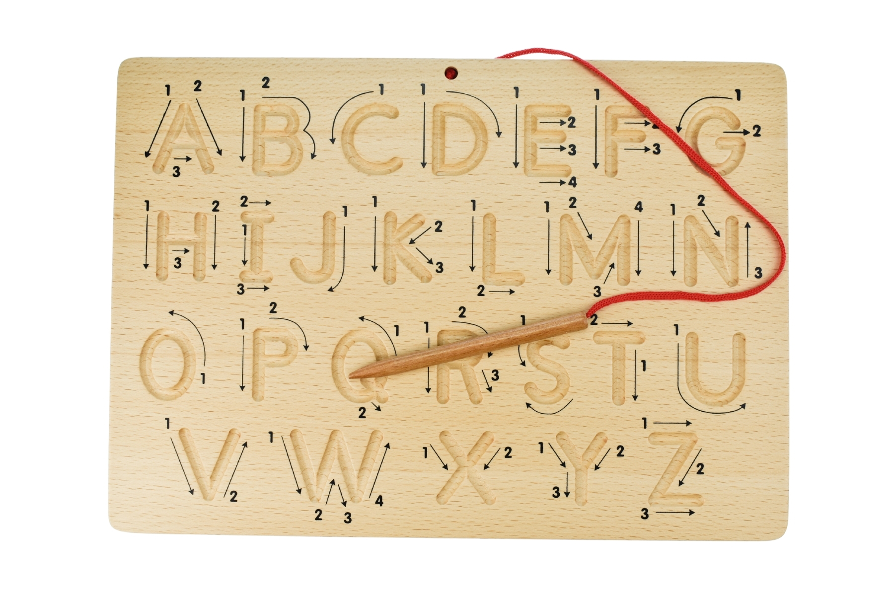Wooden alphabet tracing board with stylus and uppercase letters  showing with arrows and numbers showing formation