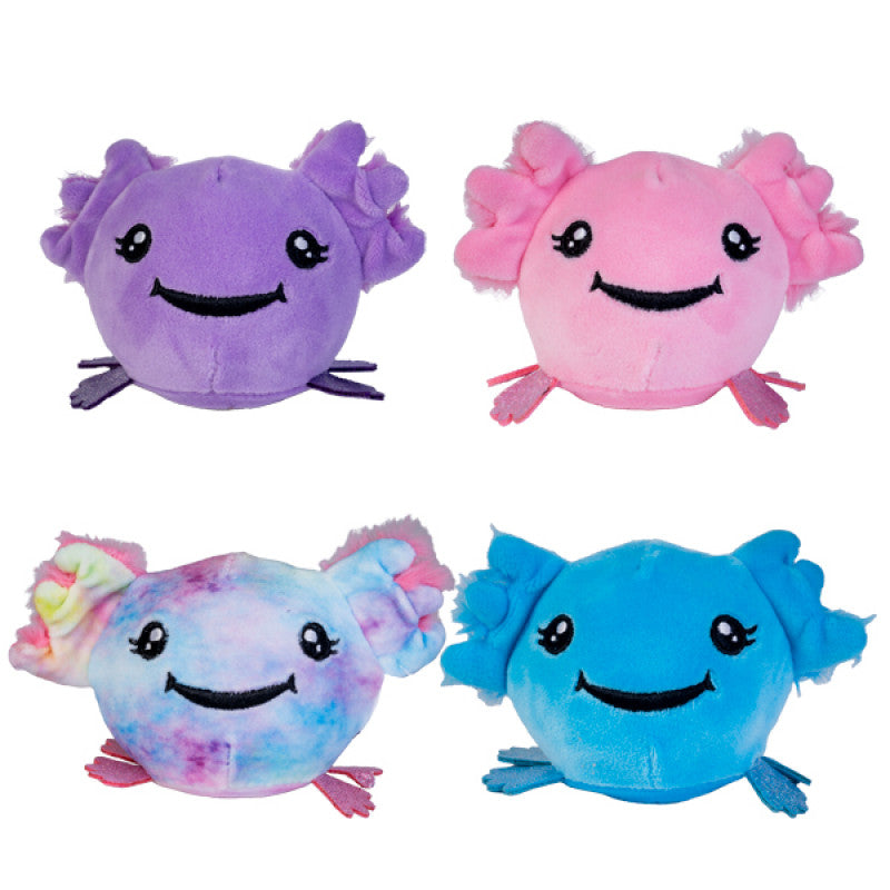 Four colorful axolotl plush toys on a white background