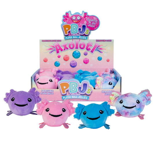 Gemini said
A display box and four individual PBJ's Axolotl Plush Ball Jellies in purple, pink, blue, and tie-dye rainbow. These round, smiling plush toys feature soft fabric and colorful, squishable jelly beads inside for a satisfying sensory experience.