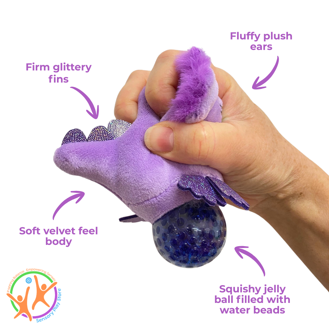 Hand holding a purple plush toy with text describing its features on a white background