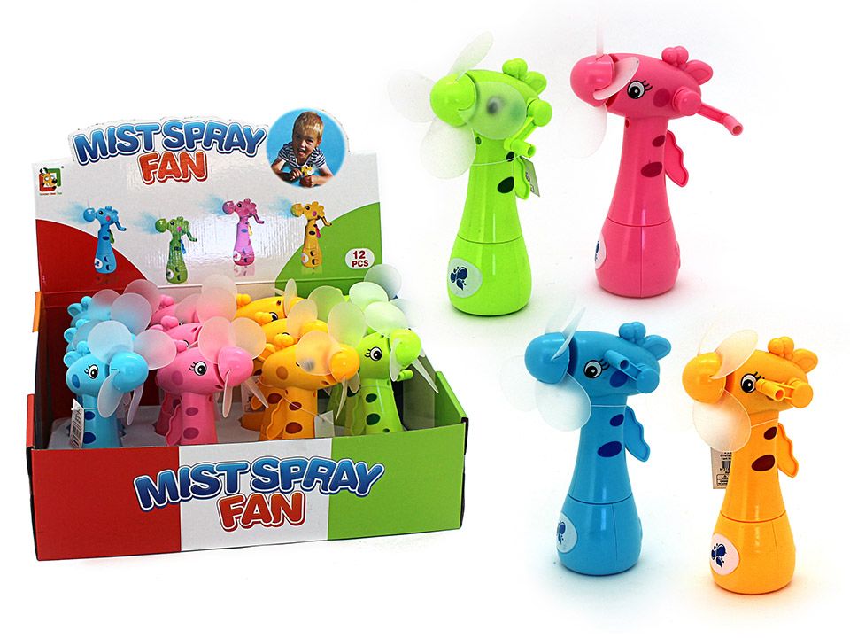 Colourful mist spray fans with animal designs on a white background