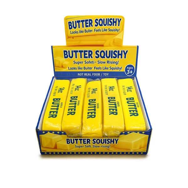 A retail display box of Butter Squishy novelty butter bars,