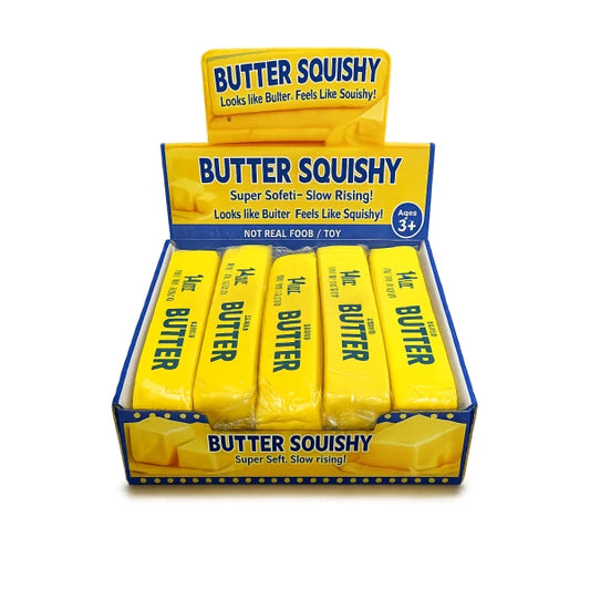 A retail display box of Butter Squishy novelty butter bars,