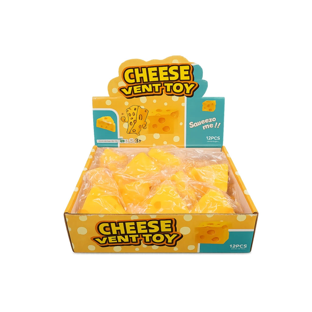 A retail display box of Cheese Vent Toys, containing 12 pieces of yellow squeeze toys shaped like cheese wedges, shown on a plain white background.