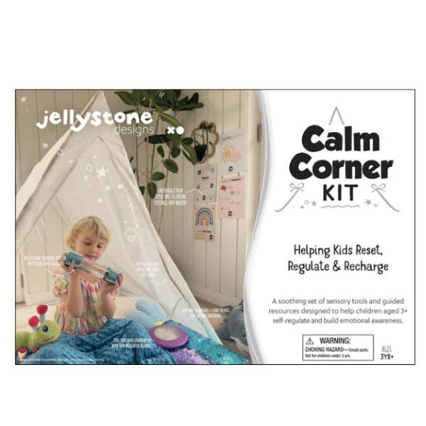 Jellystone Designs Calm Corner Kit packaging with a child playing in a tent-like structure.