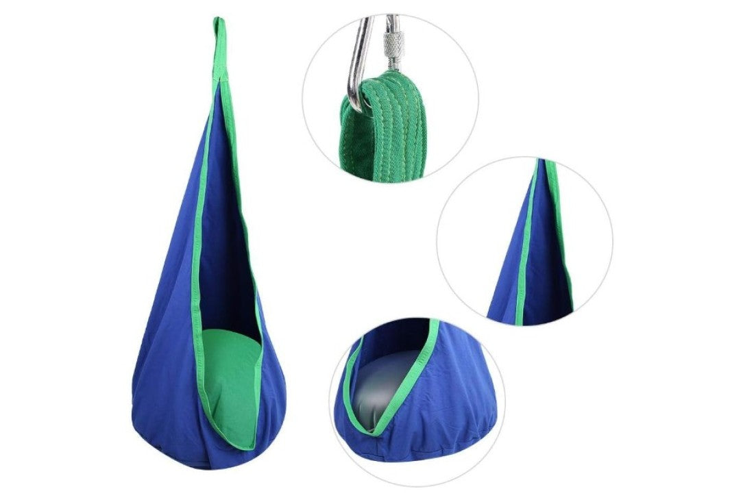 Blue and green hanging pod swing with close-up details on a white background