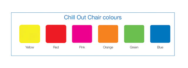 Colour swatches for a 'Chill Out Chair' with yellow, red, pink, orange, green, and blue options.