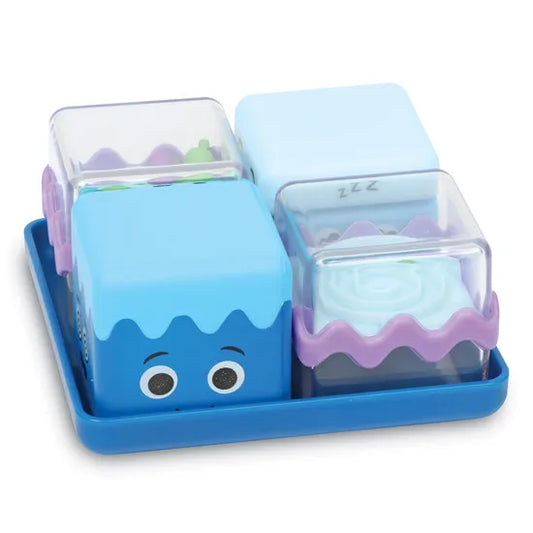 Cool Down Cubes Sensory Fidget Set of colourful blue blocks on a blue tray