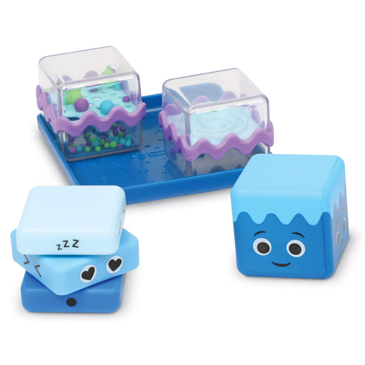 Set of Cool Down Cubes Sensory Fidgets containing 4 blue toy blocks with different tactile activities and facial expressions 
