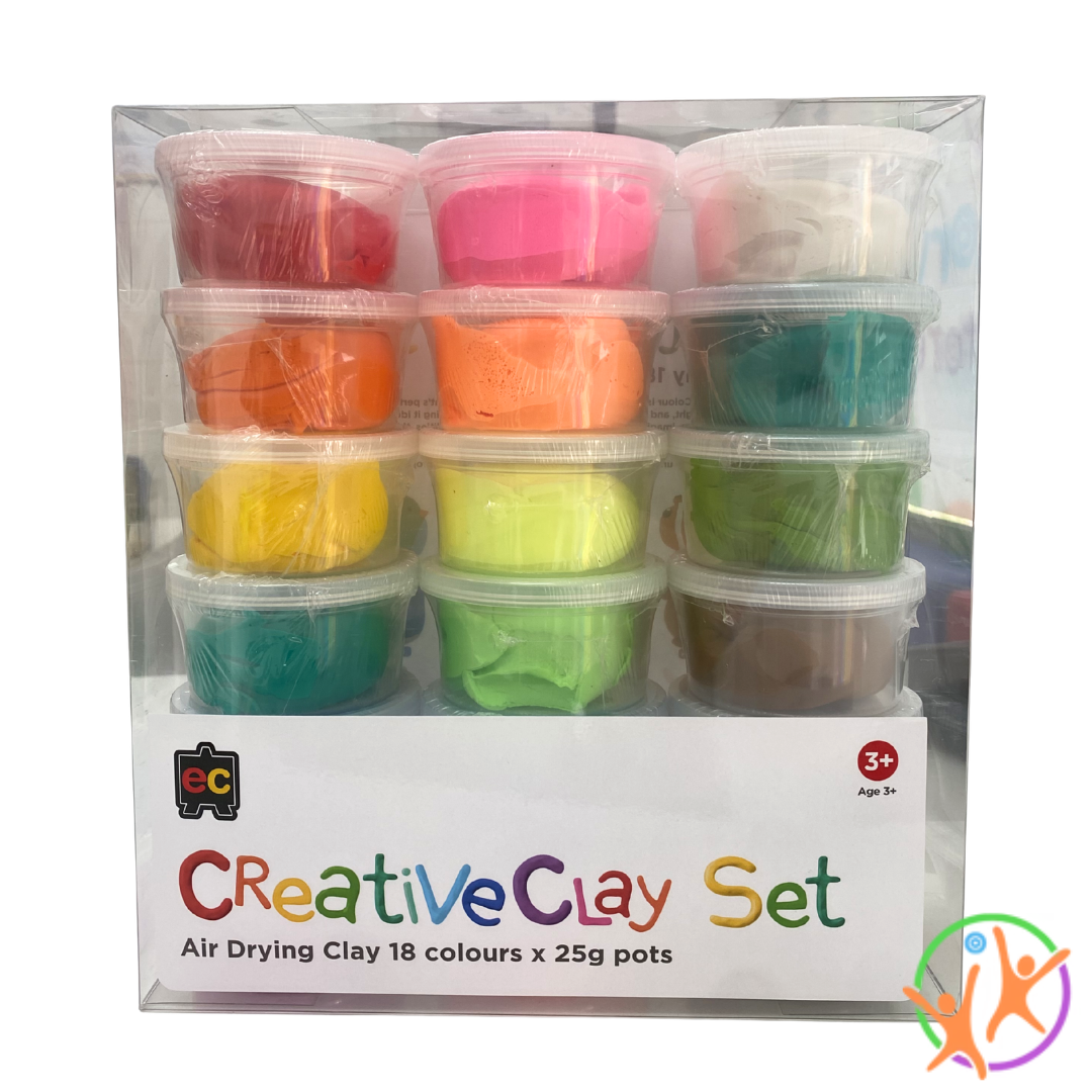 Box of Creative Clay Set with 18 colors of air-drying clay in clear pots.