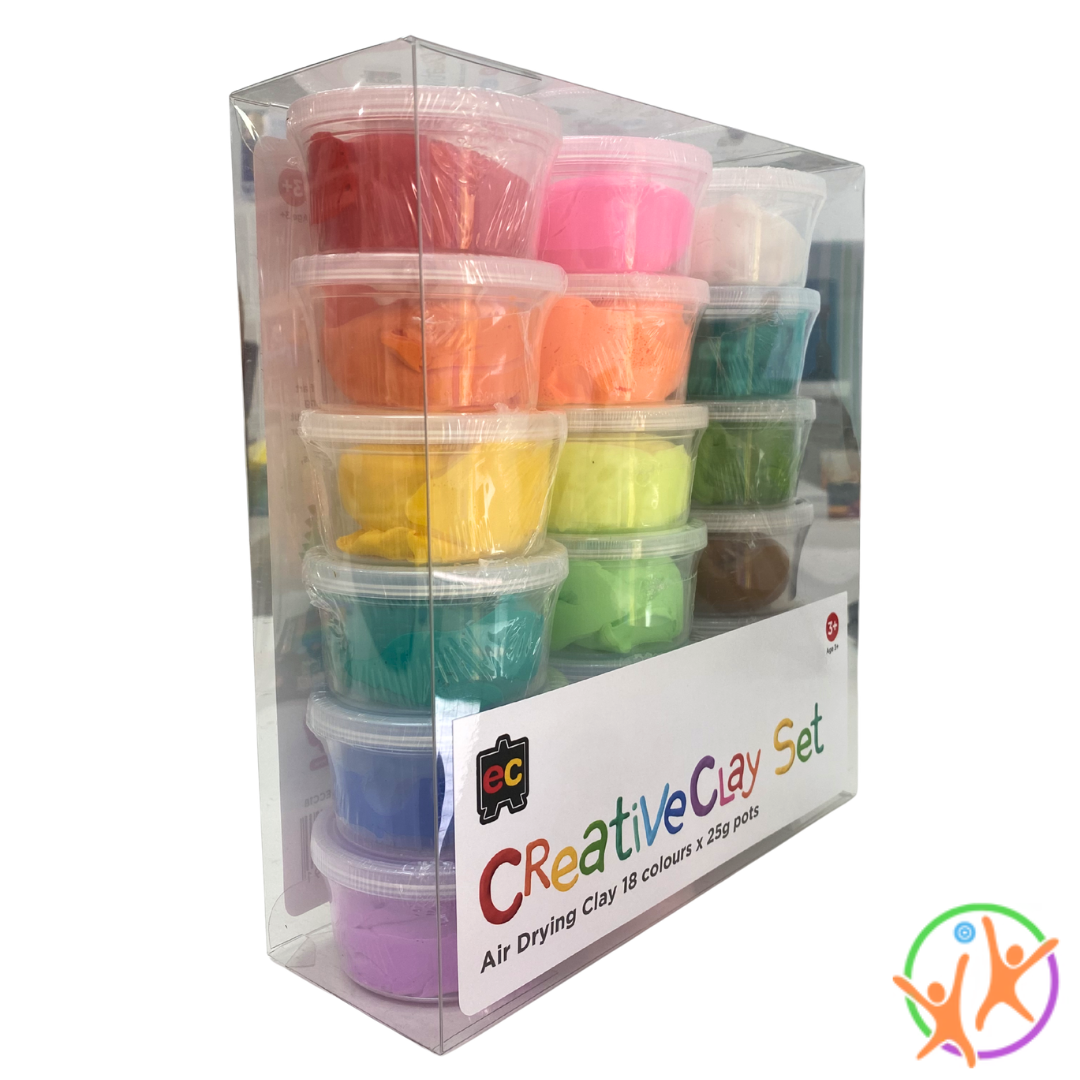 Box of Creative Clay Set with various colored containers on a white background