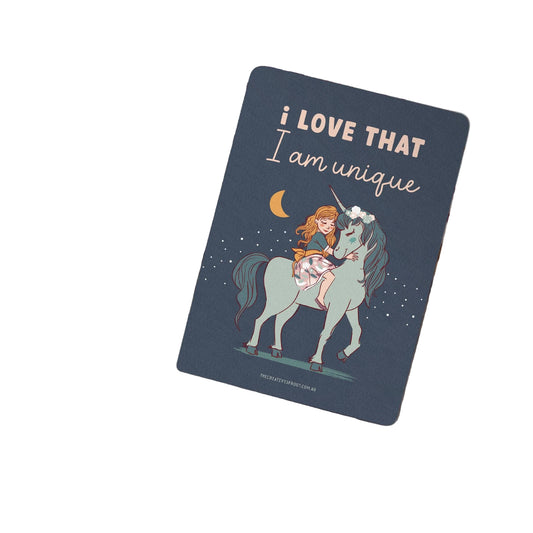 Cretive Sprout children's Anxiety Affirmation Card with unicorn illustration and text 'I LOVE THAT I am unique' 