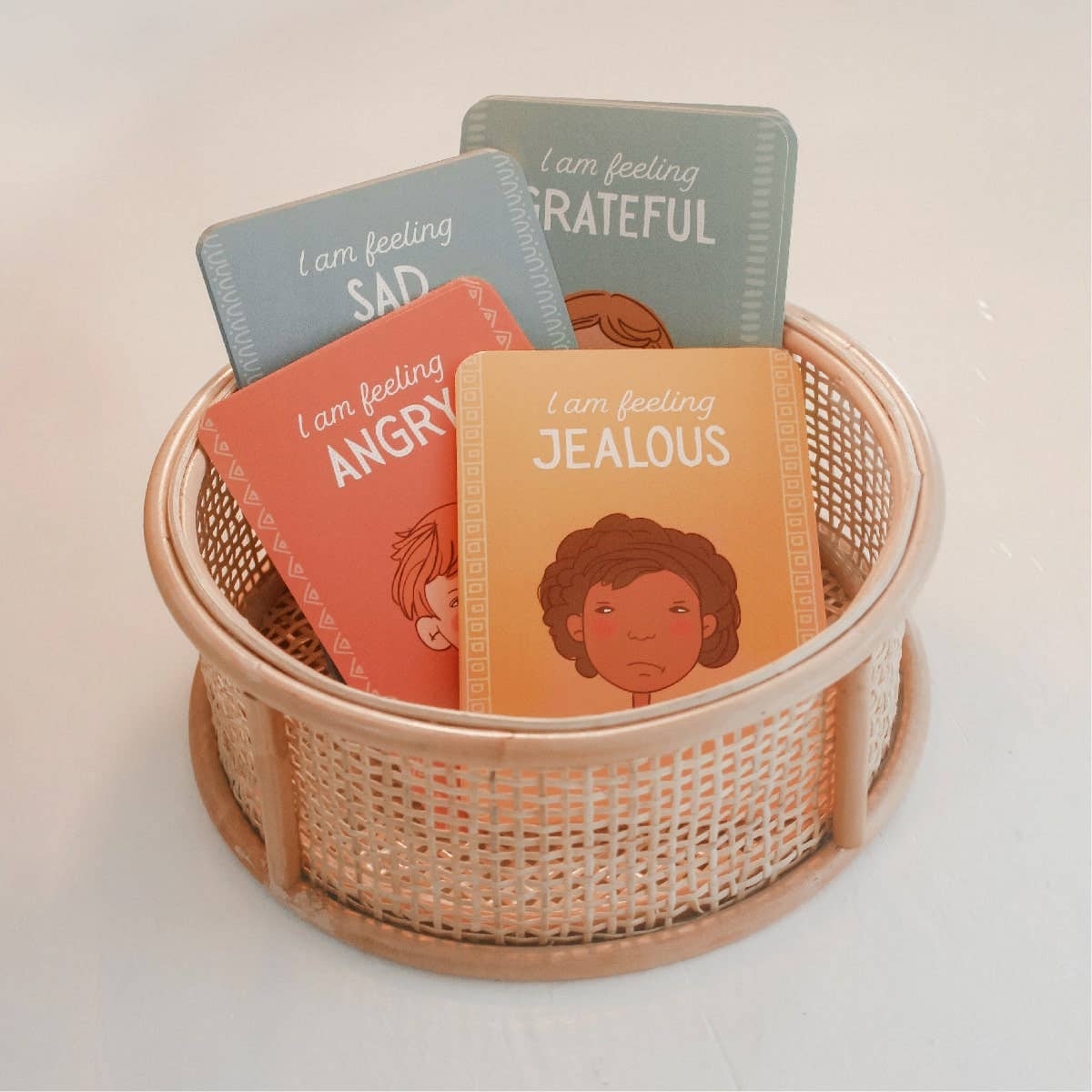 Basket with emotions cards from the 4 zones of feelings (I am feeling sad, I am feeling angry, I am feeling jealous) 