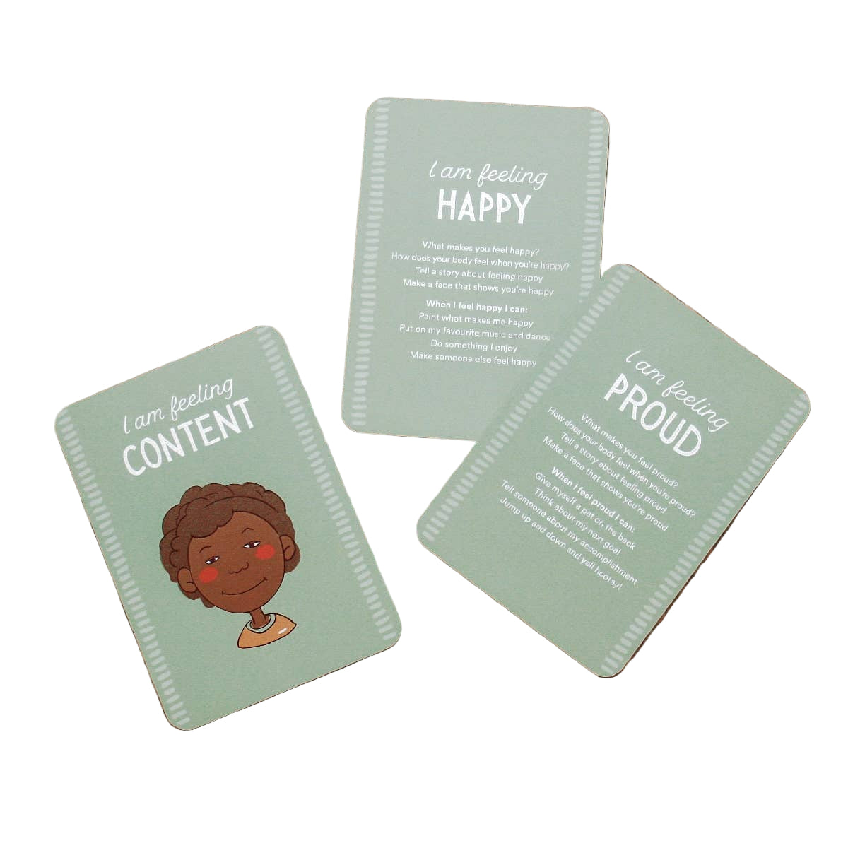 Three emotions from the green zone of feelings on flash cards content, happy and proud