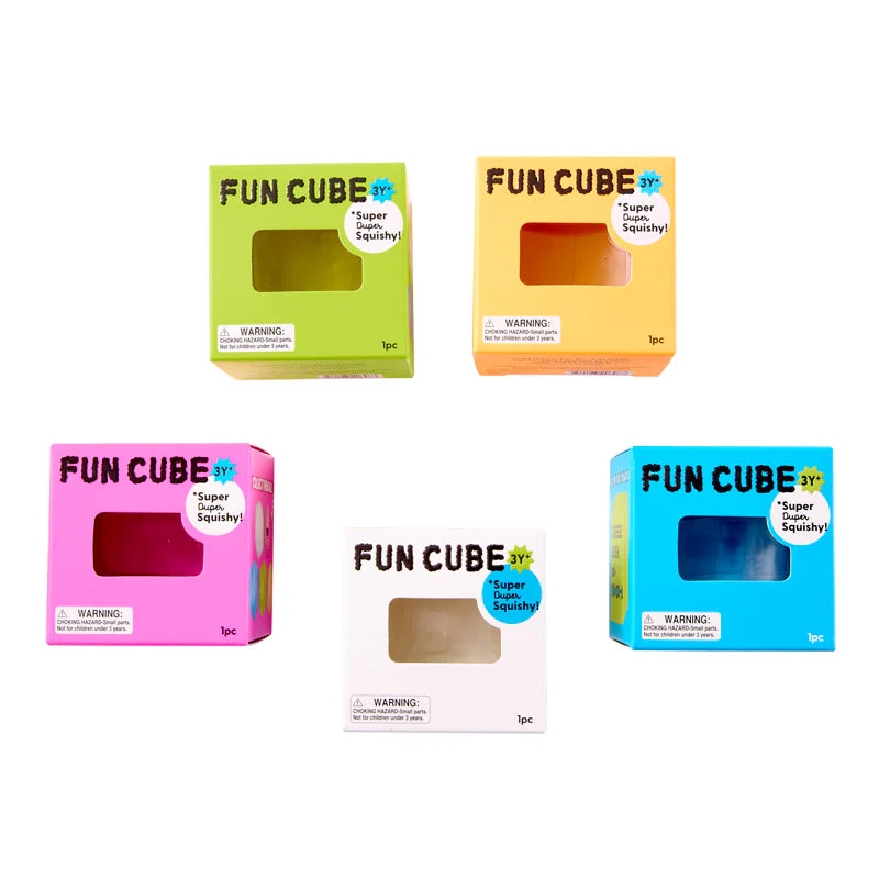 Five cube squishy toys in packaging on a white background