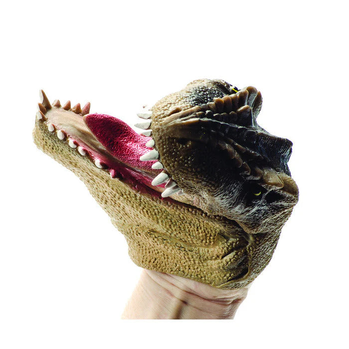 Dinosaur hand puppet with open mouth on a white background