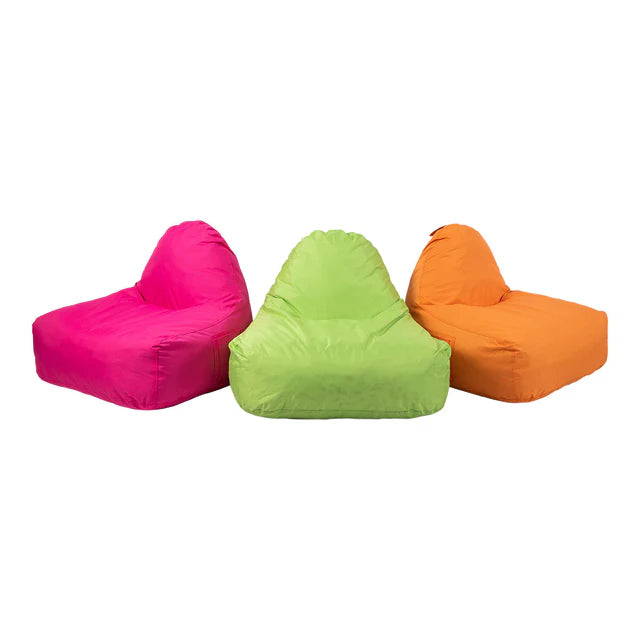 Three colorful classroom bean bags chairs (pink, green, orange) on a white background