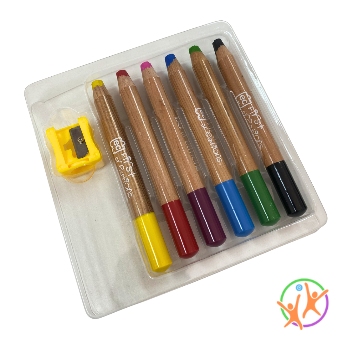Set of colored pencils with a sharpener in a clear plastic case on a white background