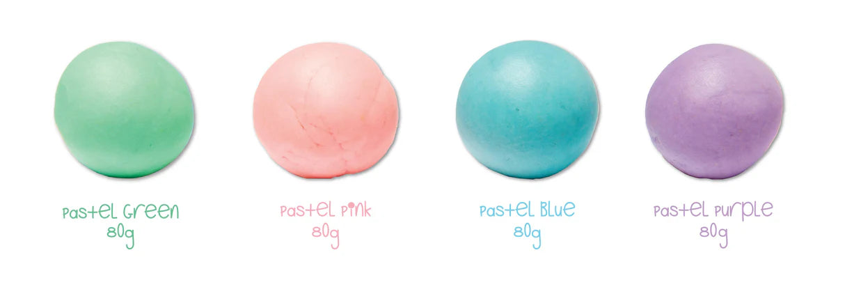 Four pastel-coloured dough balls labeled 'pastel green', 'pastel pink', 'pastel blue', and 'pastel purple' on a white background.