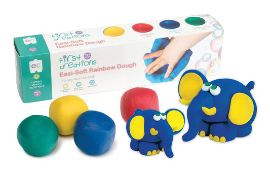 Set of rainbow dough with elephants made from dough with packaging on a white background