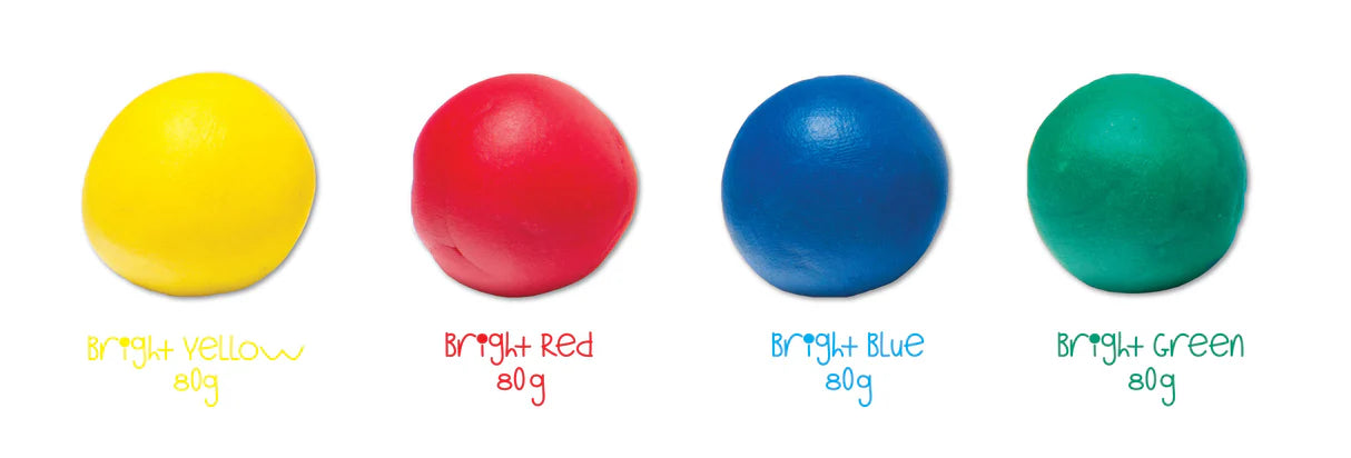 Four coloured dough balls labeled 'Bright Yellow', 'Bright Red', 'Bright Blue', and 'Bright Green' on a white background.