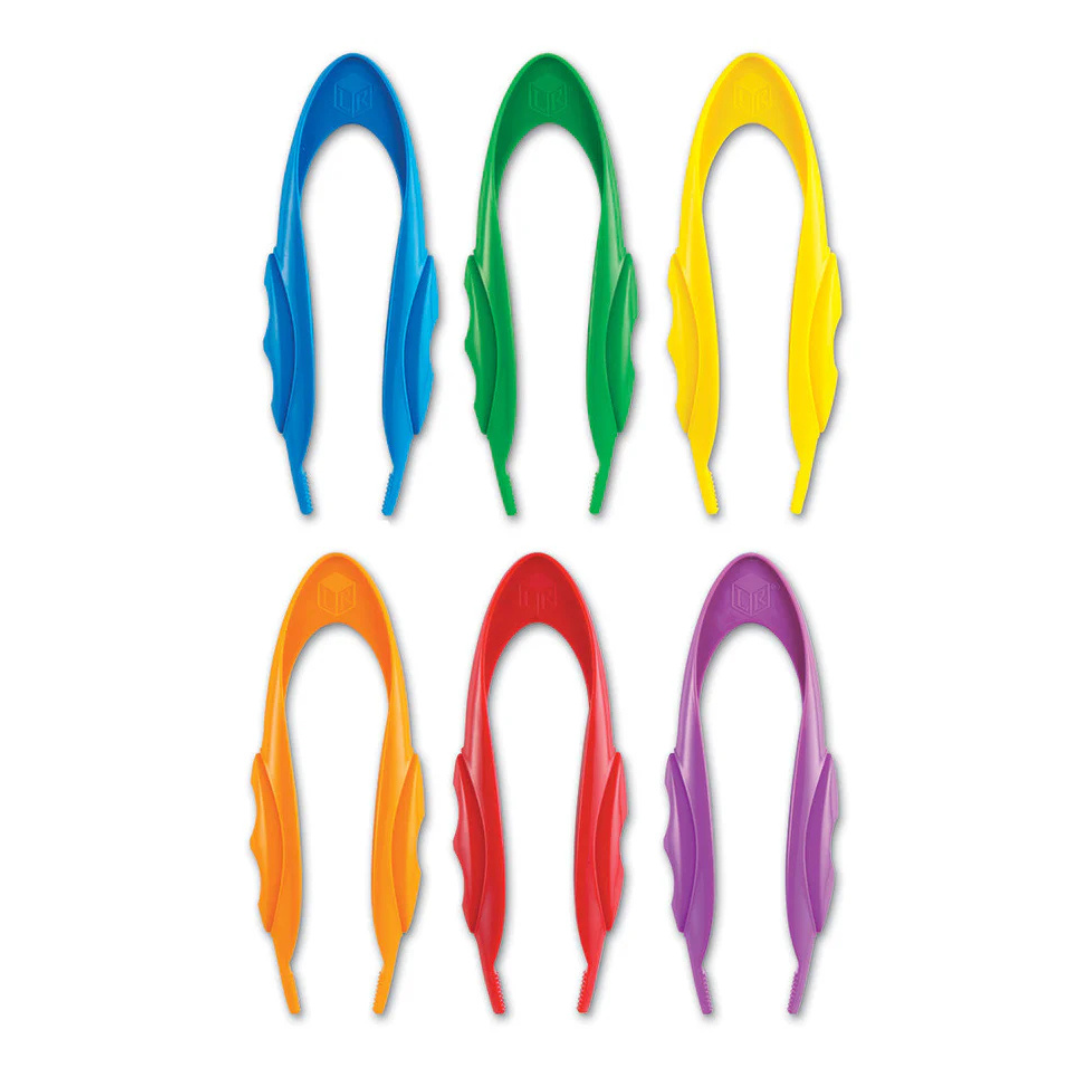 Six easy grip tweezers one in each colour on a white background
