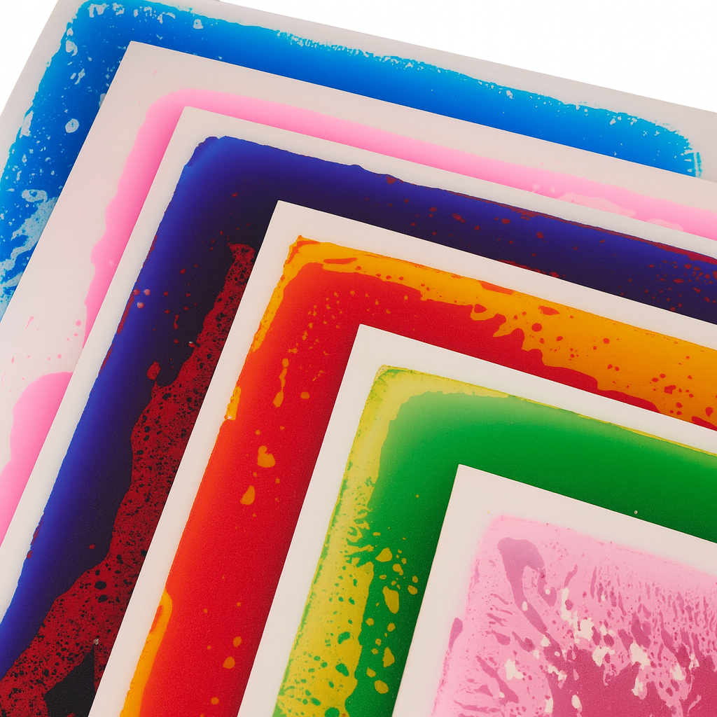 6 colourful sensory liquid floor tiles stacked.
