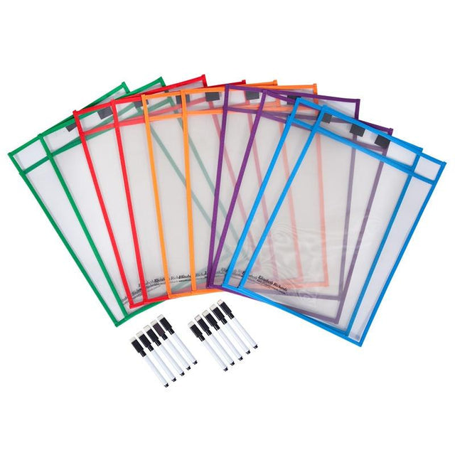 Set of colourful clear Elizabeth Richards write n wipe erasable sleeves or paper pockets 