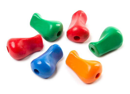 Six coloured ergonomic pencil grips on a white background