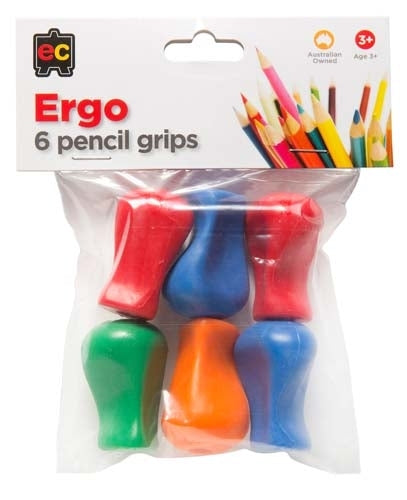 Pack of colourful pencil grips with packaging indicating 'Ergo' and '6 pencil grips'.