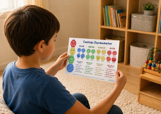 Child holding and reading feelings thermometer poster