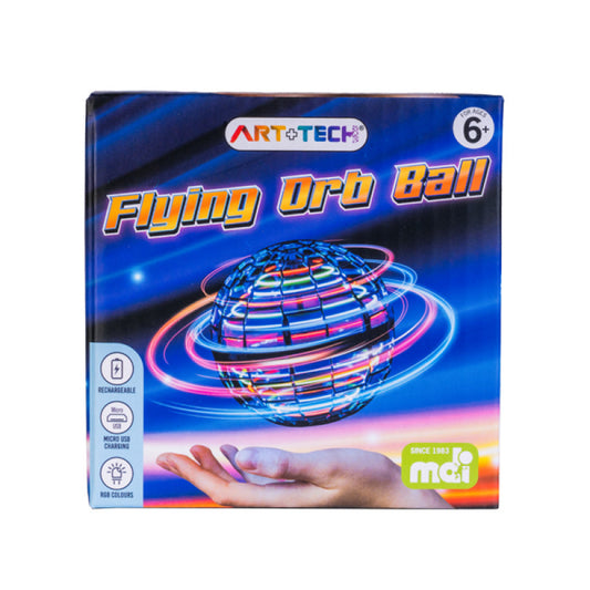Flying Orb Ball packaging showing a glowing LED hover ball with RGB light trails and Micro USB charging.