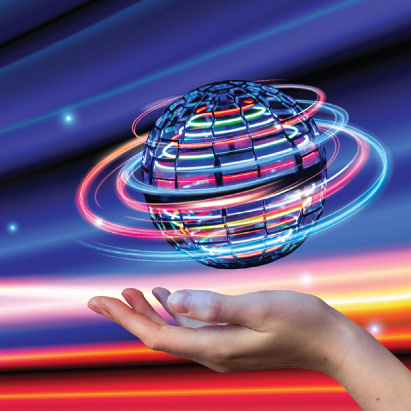 Flying Orb Ball hovering above a hand with glowing RGB LED light trails and a vibrant motion-blur background.