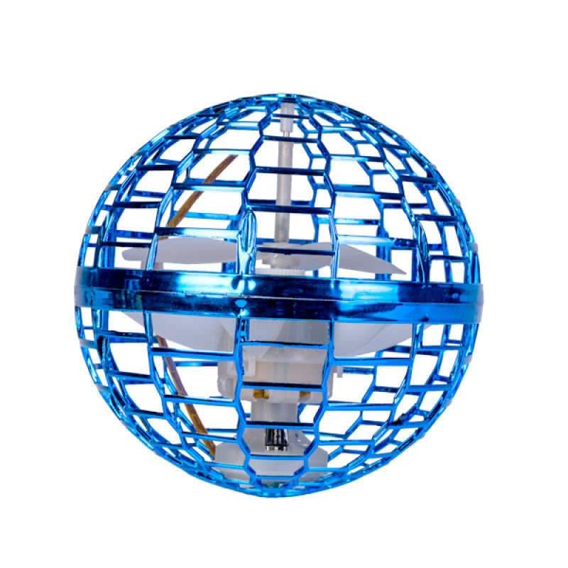 Close-up of the Blue Flying Orb Ball featuring a metallic cage design and internal white rotor blades on a white background.