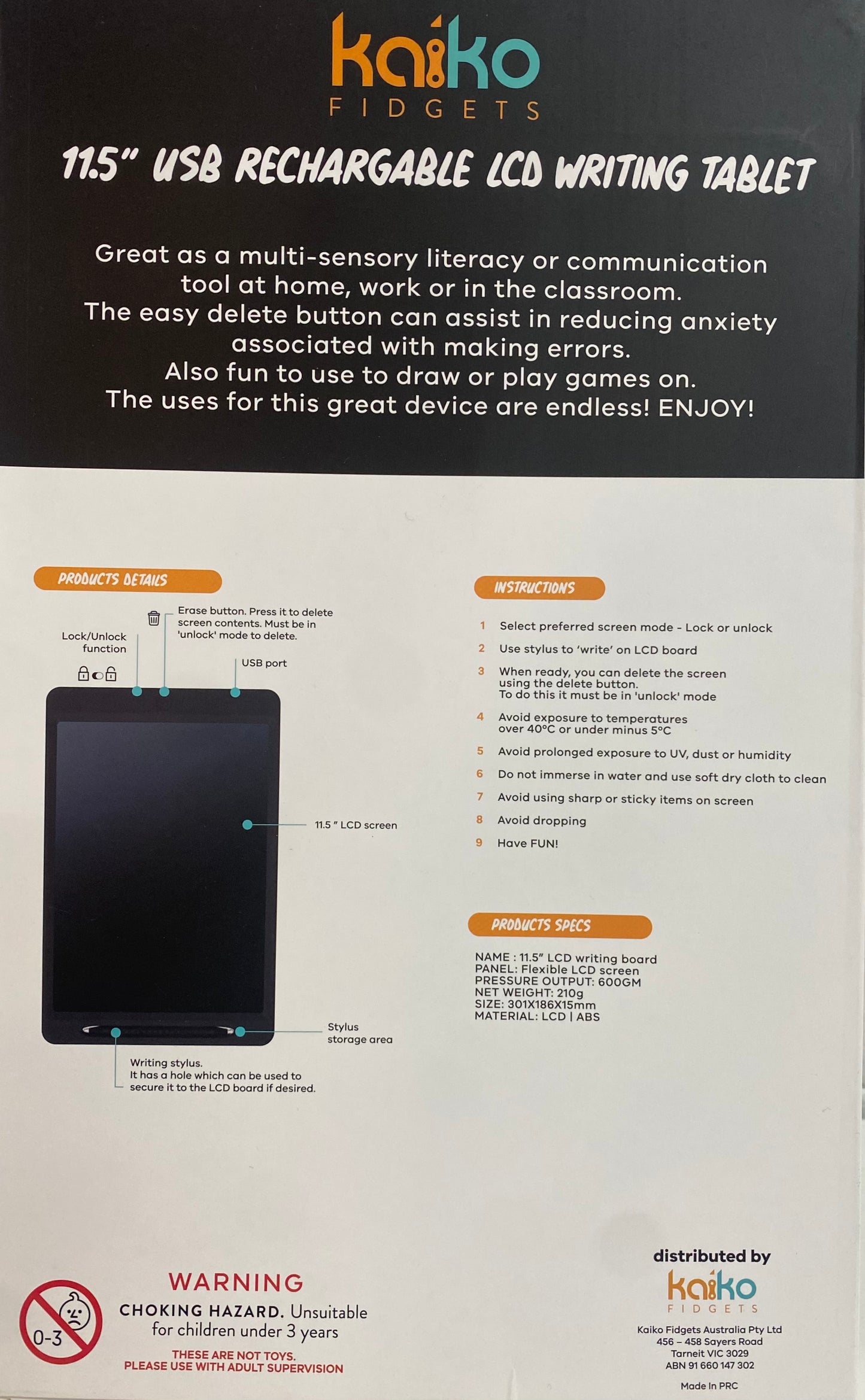 Back package of the USE Rechargeable LCD writing Tablet