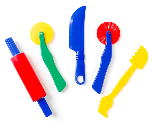 set of 5 Colourful fun play dough accessories on a white background.